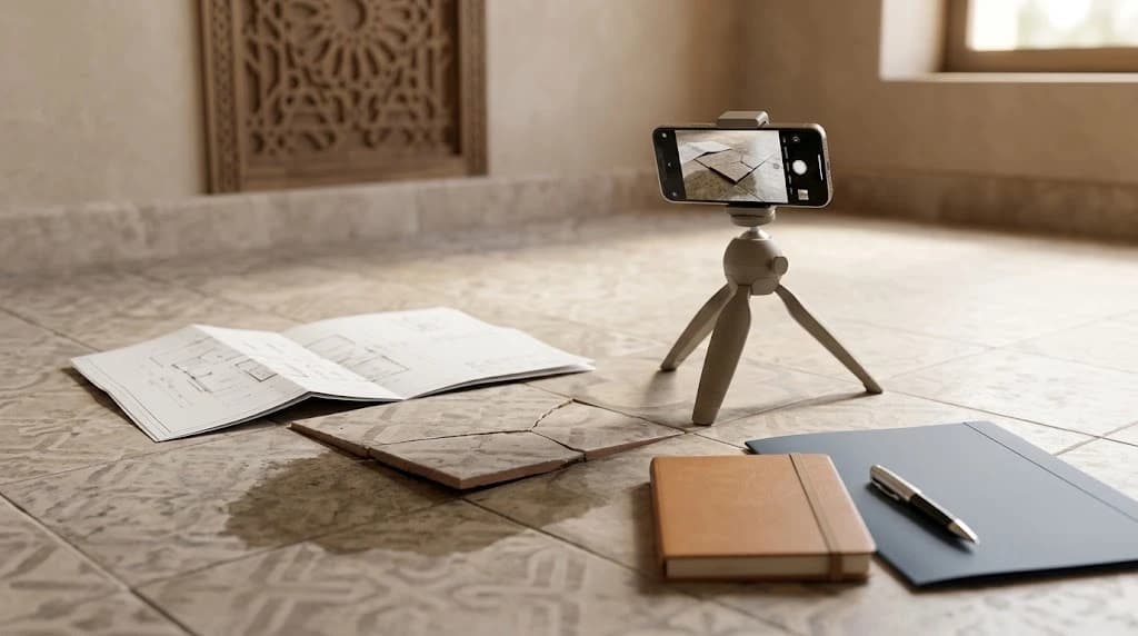 Sol carrelé avec un carreau fissuré et une trace d'humidité, un téléphone sur trépied photographiant le défaut, un cahier de plans, un carnet et un stylo dans un intérieur marocain