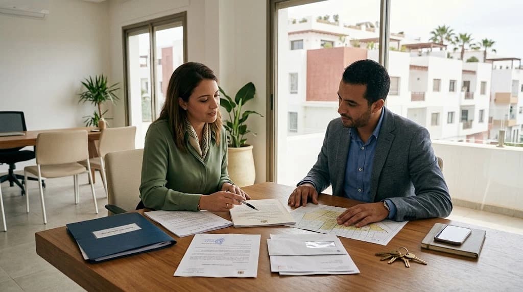 Deux personnes examinent des documents immobiliers et un plan cadastral lors d'un litige immobilier à Agadir