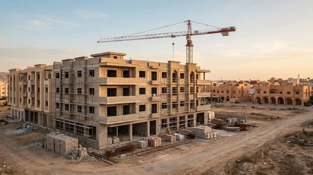 Immeuble résidentiel inachevé en gros œuvre avec une grue, sur un chantier désert, devant une ville marocaine aux tons ocre au coucher du soleil.