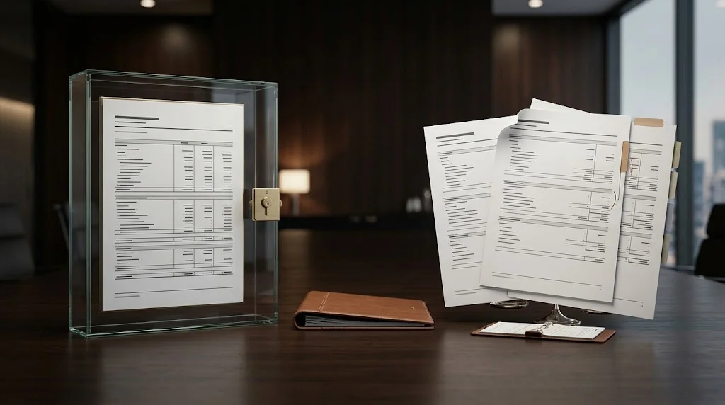 Locked box and completion accounts purchase price mechanisms in Moroccan M&A — a sealed set of accounts in a locked glass box beside loose completion-statement documents on a boardroom table.
