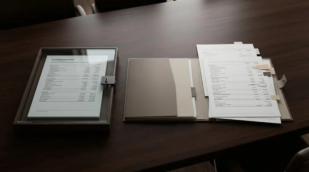 Mécanismes de prix locked box et comptes de réalisation dans les acquisitions au Maroc — des comptes scellés sous verrou à côté de documents de comptes de réalisation sur une table de réunion.