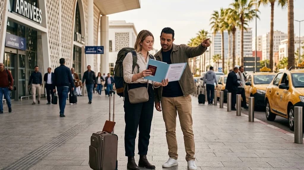 Foreign and Moroccan partners preparing marriage documents in Morocco