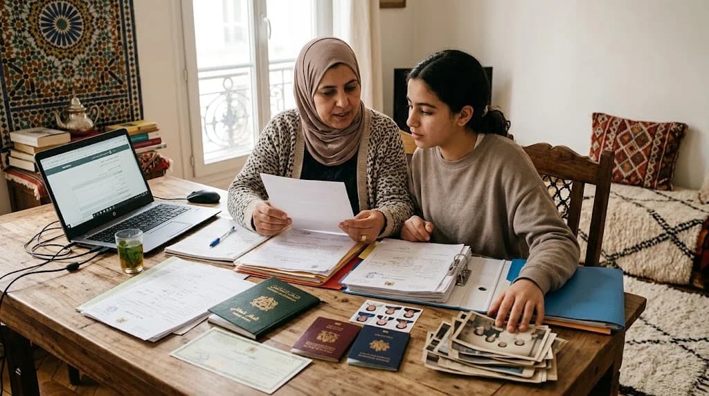 Person living abroad preparing documents to prove Moroccan citizenship