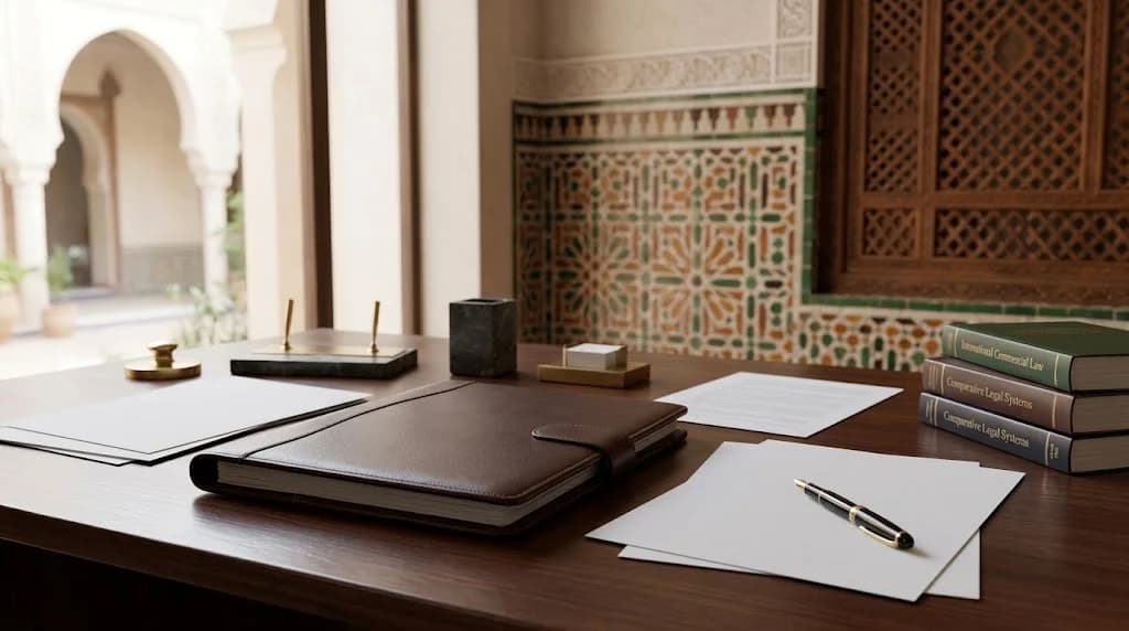 A dark wooden desk holding a brown leather portfolio, loose sheets of paper and a gold-trimmed fountain pen, with a brass paperweight and a small pen holder to the left and two bound legal volumes stacked at the right, set against Moroccan zellige tilework, a carved wooden screen and an arch opening onto a sunlit courtyard