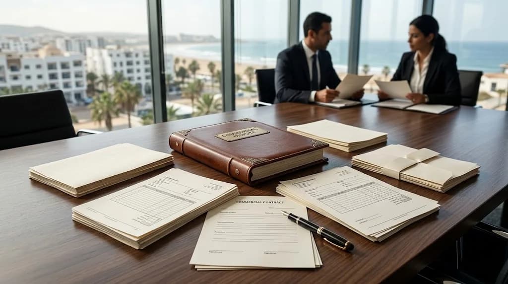 ملف نزاع تجاري يتضمن عقوداً ووثائق إثبات في قضية أمام المحكمة التجارية بأكادير