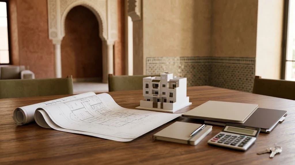 Architectural plans, a scale model of a residential building, a calculator, closed folders and a key on a wooden table in a Moroccan-styled interior with an arched tiled niche.