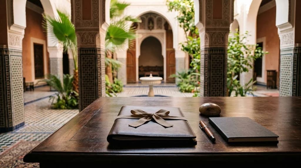 Un porte-documents en cuir fermé et noué d'un ruban posé sur une table en bois, à côté d'un stylo plume, d'une pierre lisse et d'un carnet fermé, devant une cour de riad marocain à arcades avec une fontaine