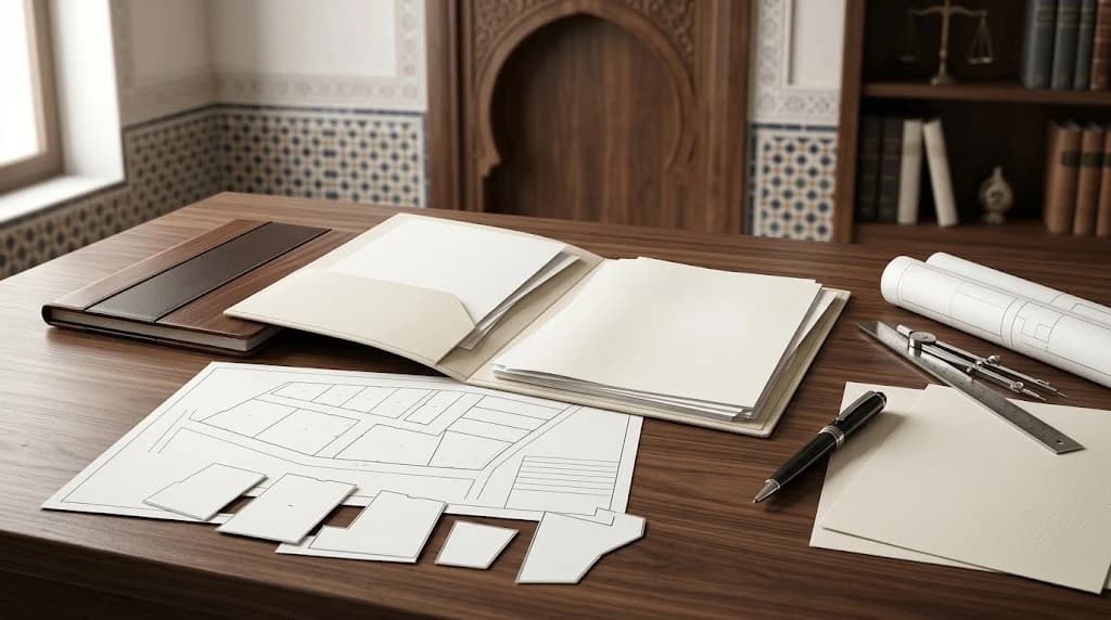 Dossier de partage judiciaire avec plans immobiliers et options de division d'un bien détenu en indivision au Maroc