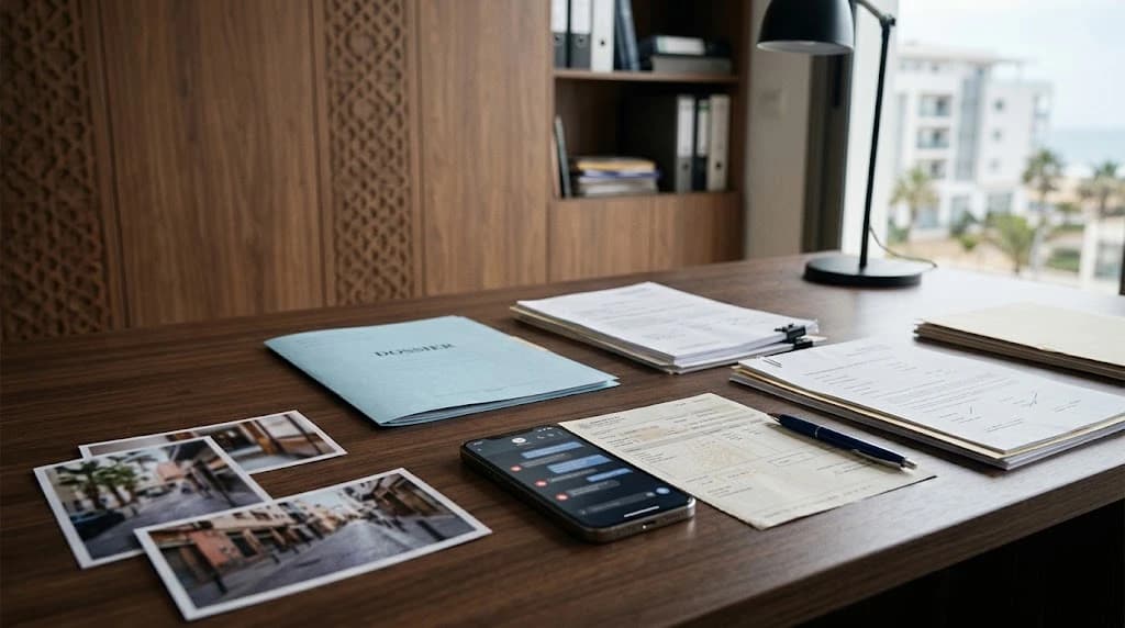 Bureau en bois avec un dossier, des formulaires, des photos imprimées et un téléphone affichant une messagerie, près d'une fenêtre donnant sur Agadir