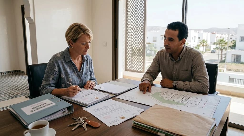 A woman and a man review property documents and a floor plan during a property dispute in Agadir