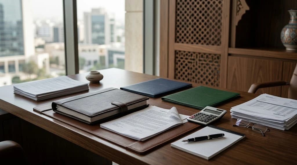 مكتب خشبي عليه ملفات ووثائق تجارية وفواتير وآلة حاسبة وقلم ونظارة بجانب نافذة تطل على مدينة، مع مشربية خشبية مغربية في الخلفية