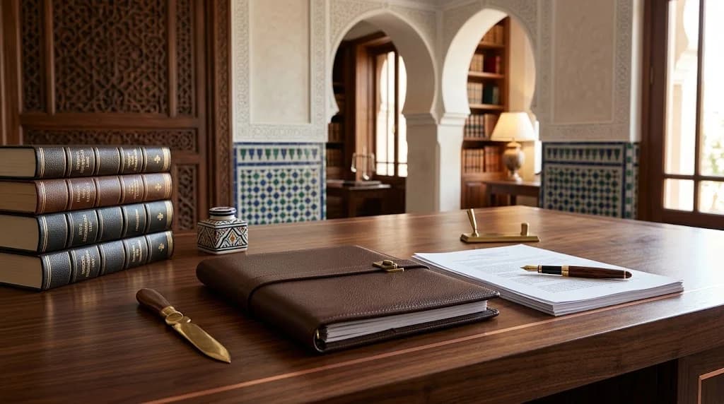 مكتب خشبي داكن عليه محفظة جلدية بنية في الوسط، وإلى يساره كومة من أربعة مجلدات قانونية مذهَّبة الكعوب وعُلبة حِبر خزفية مغربية وسكين فتح رسائل نحاسي، وإلى يمينه رزمة أوراق وقلم حبر، أمام جدار من الزليج المغربي وأقواس ورفوف كتب في الخلفية