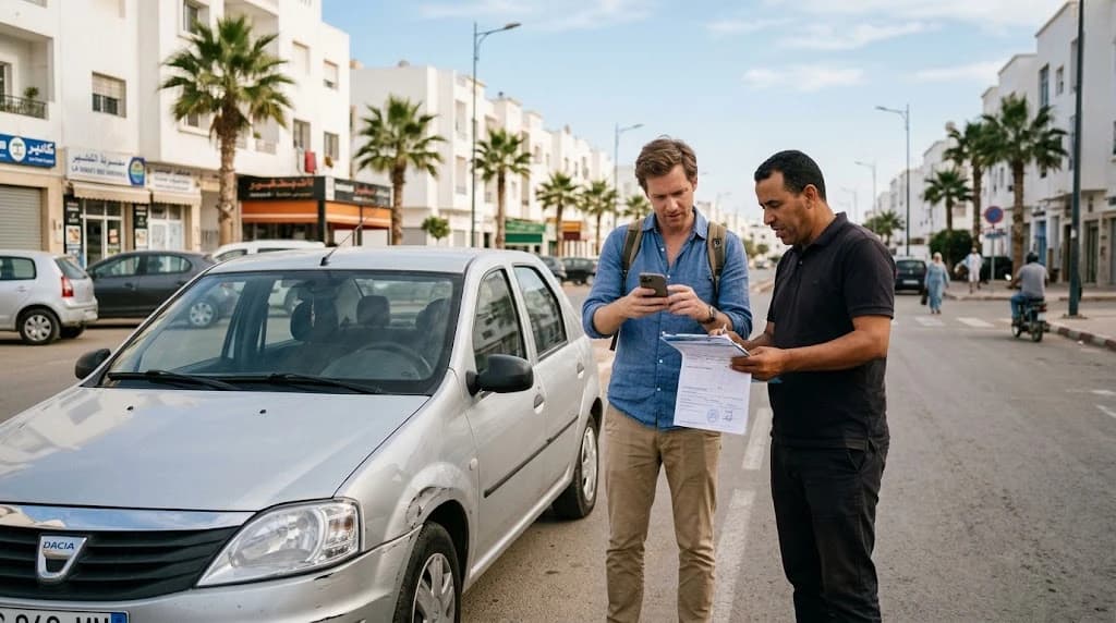 Two drivers exchange details and a report beside a damaged car after a road accident on an Agadir street