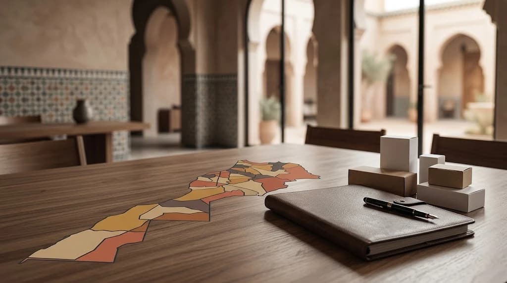 Table en bois dans un riad marocain portant une carte stylisée du Maroc aux régions colorées, un carnet en cuir fermé, un stylo plume et des boîtes en carton neutres, devant une cour intérieure à arcades
