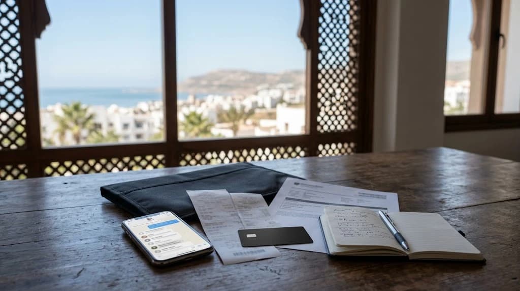 Wooden table with a smartphone showing a messaging thread, printed receipts, a bank card, a notebook and a pen, near a window overlooking the Moroccan coast