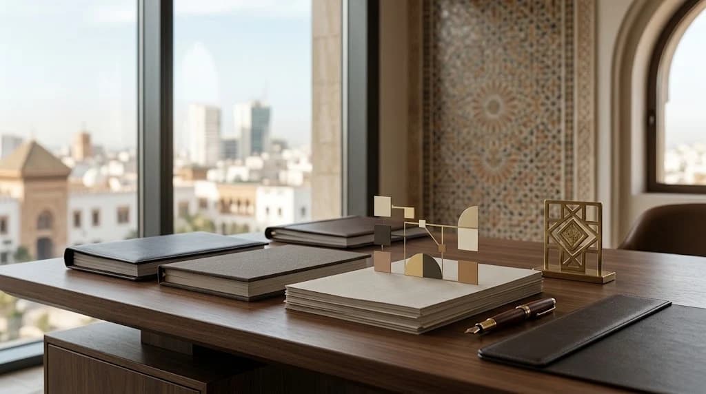 A dark wooden Moroccan office desk before a window overlooking a Moroccan cityscape, with a zellige-tiled panel and carved plaster arch, a brass interlocking-cube sculpture, stacked leather folios, a blank stack of documents topped by small abstract geometric blocks, and a fountain pen on a leather pad.
