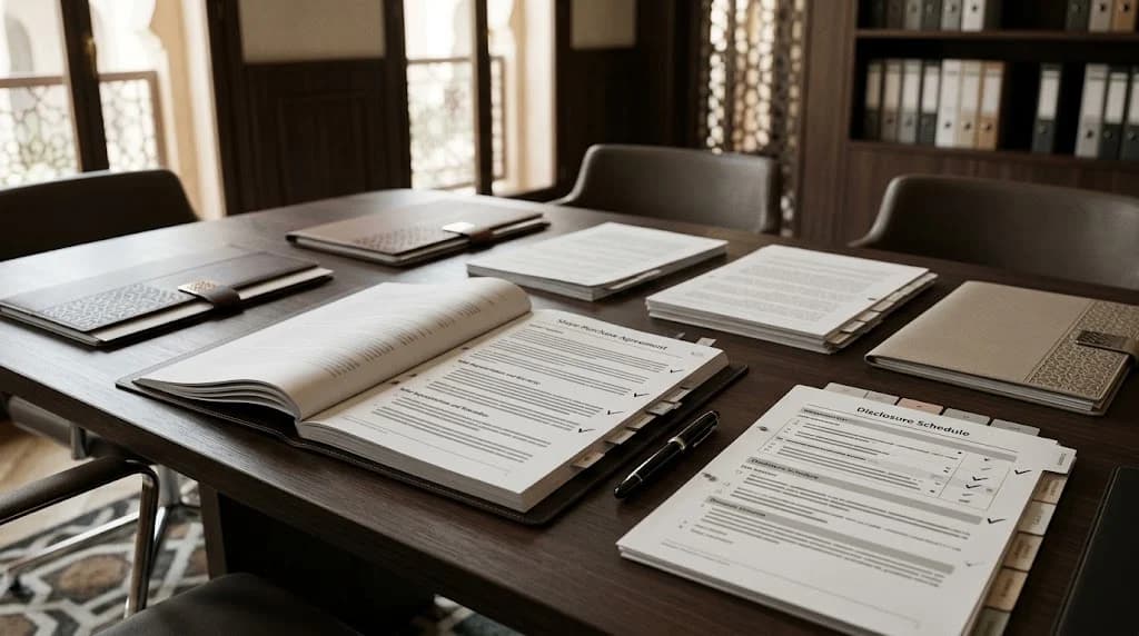 A dark wooden boardroom table in a Moroccan-styled meeting room with zellige-patterned screens and a shelf of binders, laid with tabbed document stacks, an open bound volume, leather folios and a fountain pen — a share purchase agreement and a disclosure schedule among the papers.