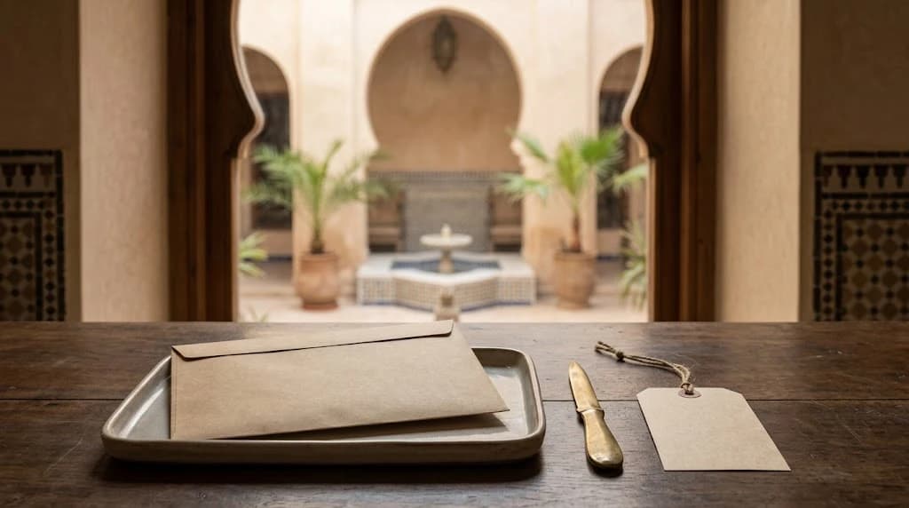 A closed blank kraft envelope on a metal tray beside a brass letter-opener and a blank tag on a string, on a wooden desk in front of a Moroccan riad courtyard with keyhole arches and a fountain