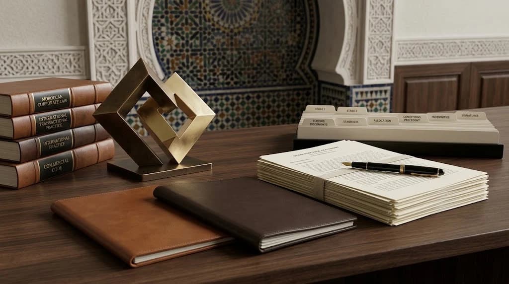 A dark wooden desk in a Moroccan office with a stack of stapled corporate-law books, a brass interlocking-cube sculpture, two leather folios, a tabbed file organiser and a stapled document with a fountain pen, set against zellige tilework and a carved plaster arch.