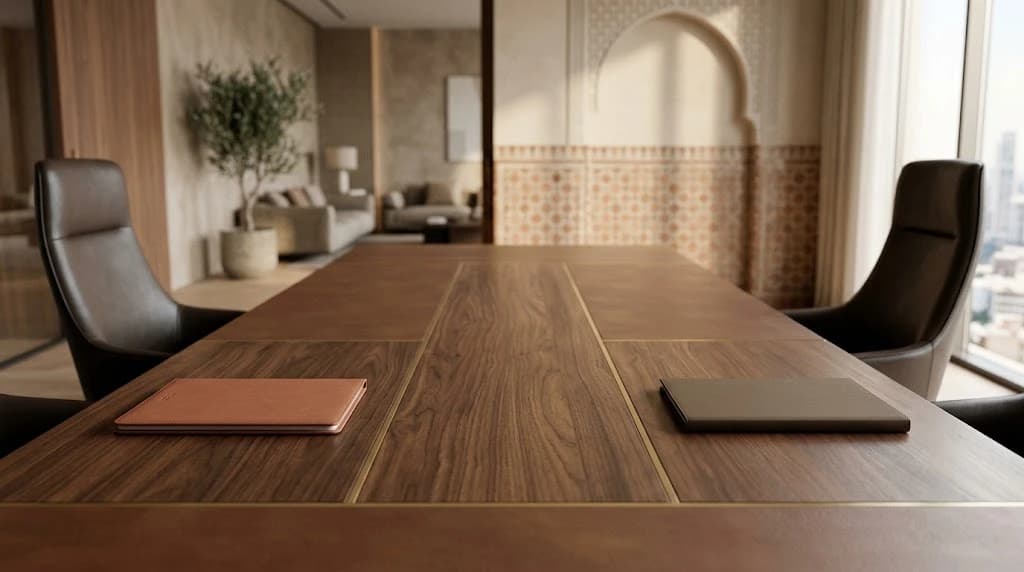 A long wooden boardroom table with two empty facing leather chairs and a closed folder on each side, in a warm Moroccan-styled office with an arched tiled niche.