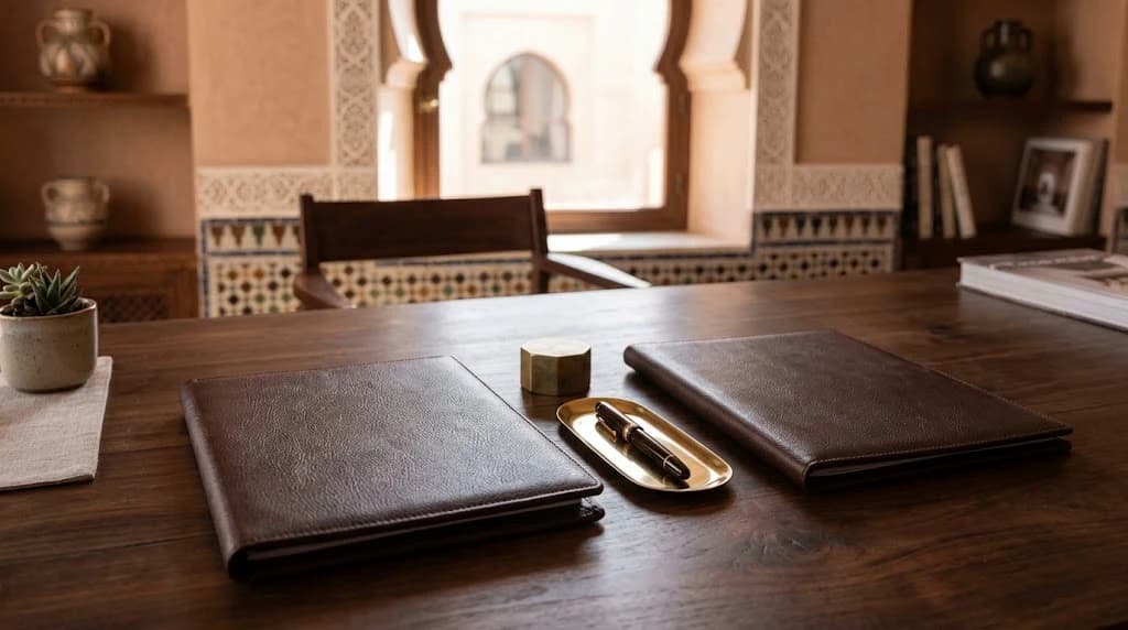 Two closed brown leather document folders side by side on a dark wooden desk, with a brass hexagonal paperweight and a fountain pen on a brass tray, in a Moroccan room with zellij tiling and an arched window
