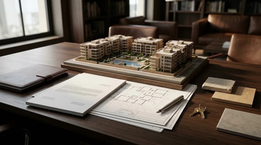 مخططات معمارية ومجسّم عمارة ومفاتيح على مكتب خشبي داكن، في سياق شراء عقار في طور الإنجاز بالمغرب