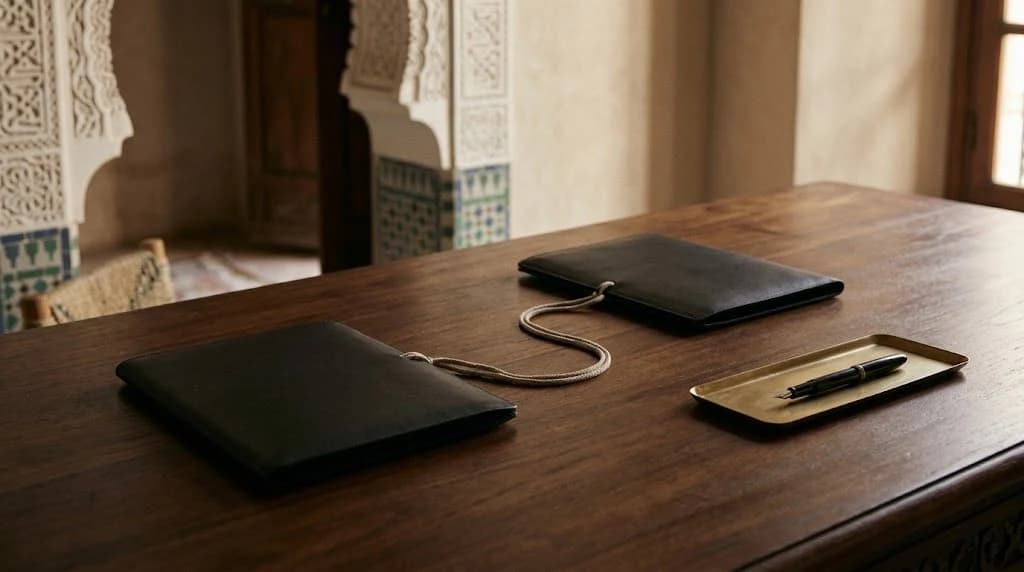 Deux étuis en cuir fermés reliés par un fin cordon sur une table en bois, à côté d'un stylo plume sur un plateau en laiton, dans un intérieur marocain à arcades sculptées et zellige