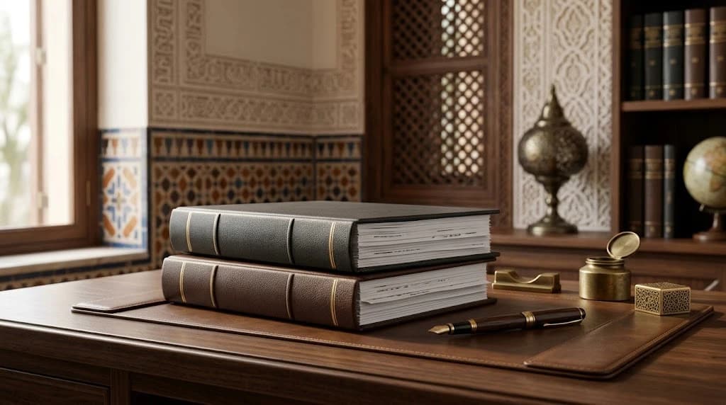 Two bound legal ledgers stacked on a polished wooden desk with a fountain pen and a brass inkwell, set against Moroccan zellige tilework, a carved wooden screen, a globe and bookshelves
