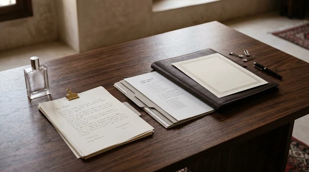 وثائق تسجيل علامة تجارية ومواد تصنيف مرتبة في بيئة مكتبية احترافية