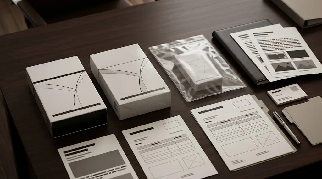 Authentic and suspected counterfeit product specimens arranged with trademark evidence and enforcement documents