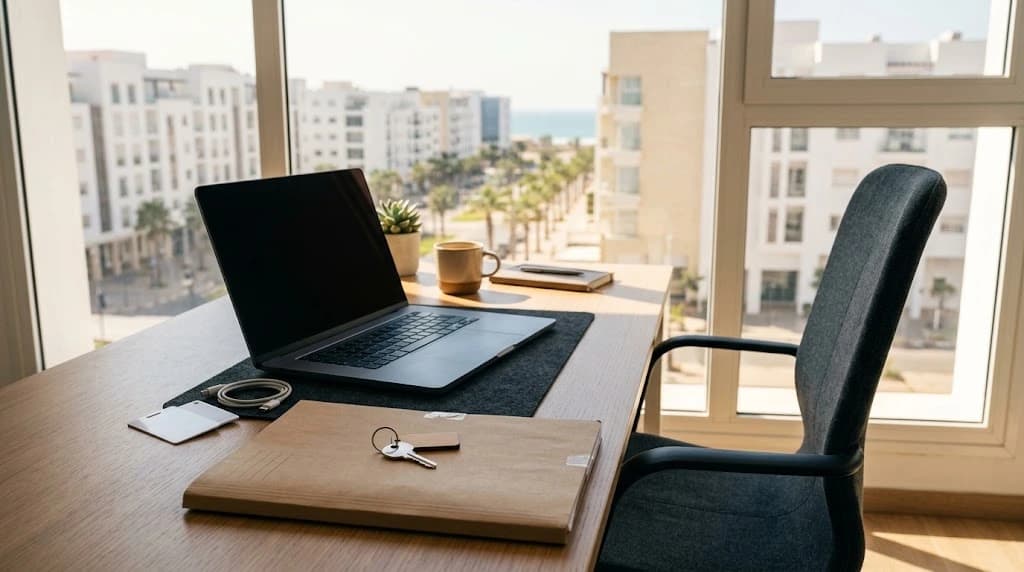 A workstation with a closed laptop, a folder, keys and an access badge by an empty chair, suggesting the end of employment in Agadir