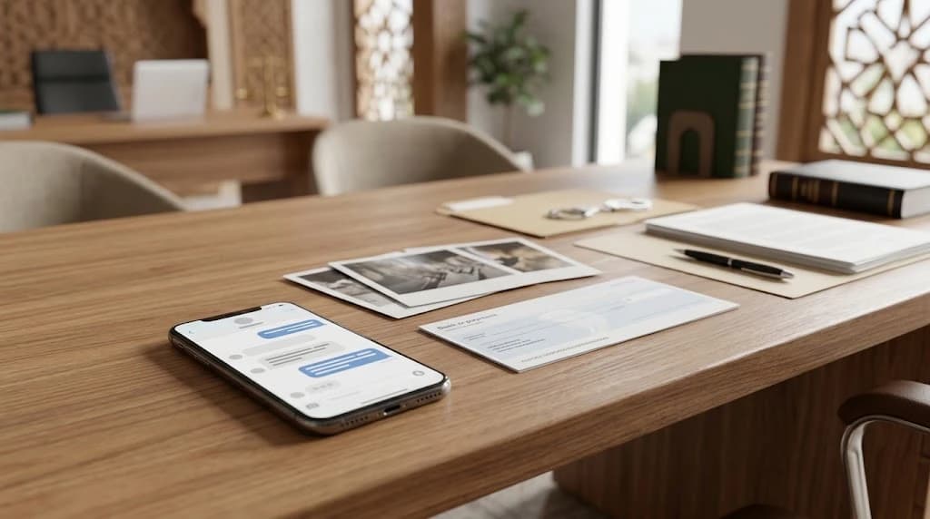 Wooden desk with a smartphone showing a messaging app, printed photos, documents and a folder near a window, in a Moroccan office setting