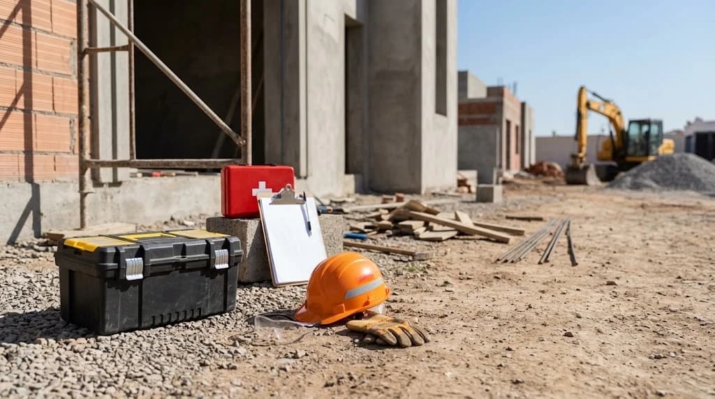 A hard hat, safety goggles, gloves, a toolbox and a first-aid box on an interrupted construction site in Agadir