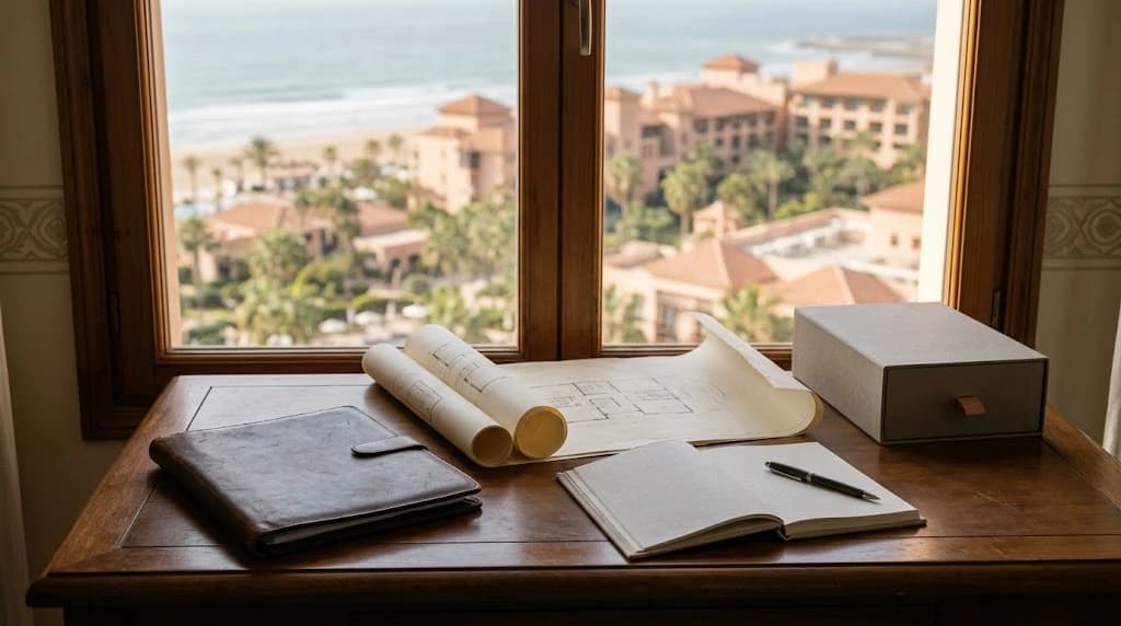مكتب خشبي قرب نافذة تطلّ على منتجع مغربي بسقوف قرميدية والمحيط الأطلسي، وعليه محفظة جلدية ودفتر مفتوح وقلم ومخططات معمارية ملفوفة وصندوق وثائق.