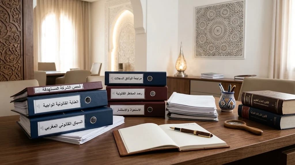 مكتب خشبي تتراكم عليه مصنّفات ذات عناوين عربية، ودفتر مفتوح على صفحات بيضاء مع قلم حبر، وحزمة أوراق، ومحبرة أقلام من الخزف المغربي، وعدسة مكبّرة، ومجلّدان قانونيان، أمام لوح خشبي منقوش وقوس ونقوش هندسية على الجدار.