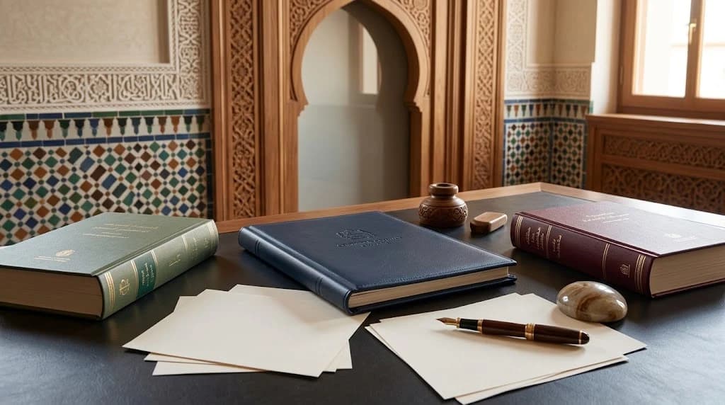 مكتب خشبي داكن يتوسطه مجلد جلدي كحلي بين كتابين مجلّدين أخضر وعنّابي، مع قلم حبر ومحبرة خشبية منقوشة وأوراق، أمام زخارف الزليج المغربي وقوس خشبي منحوت ونافذة مقوّسة