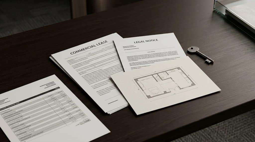 Commercial lease dossier, premises plan and valuation documents for an eviction dispute in Morocco