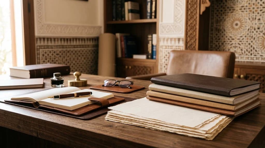 مكتب خشبي عليه دفتر مفتوح بصفحات فارغة وقلم حبر ومحبرة ومجلّد جلدي ونظّارة وكومة أوراق بحواف خشنة، أمام رفّ كتب وجدران بزخارف جصّية مغربية في ضوء دافئ