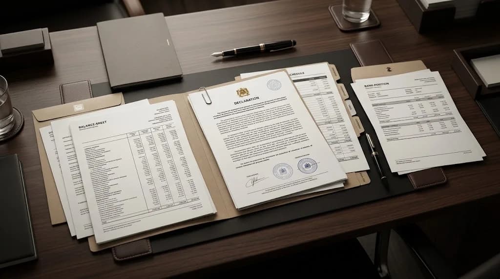Company financial statements, liabilities schedule and court filing documents for a cessation-of-payments declaration in Morocco