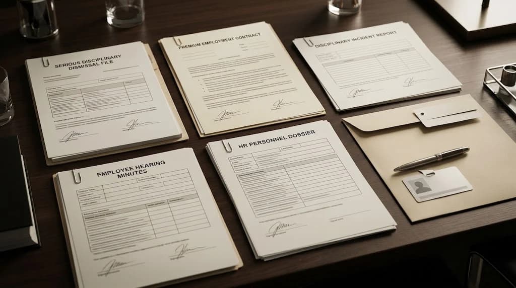 Employment contract, disciplinary incident report and hearing documents for a serious-misconduct dismissal in Morocco