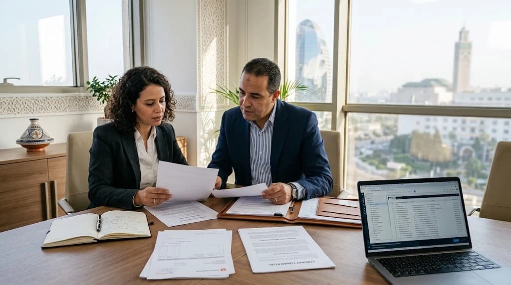 Dirigeant examinant des contrats et un litige commercial au Maroc avec un professionnel du droit