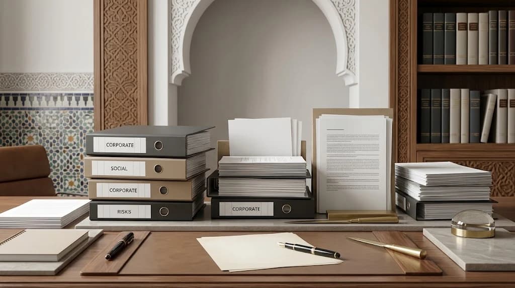 Un bureau en bois où sont empilés des classeurs à levier étiquetés, un porte-documents garni de feuilles et une pile de dossiers, avec un carnet à spirale, deux stylos et un presse-papier en laiton, devant un mur de zellige marocain, une arche sculptée et une bibliothèque de volumes reliés.
