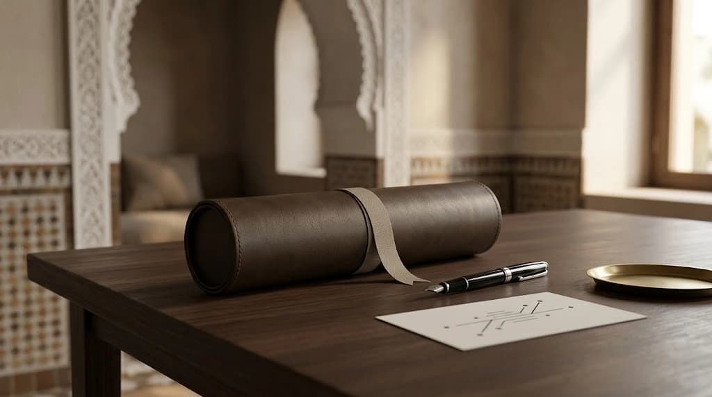 Un étui cylindrique en cuir fermé et noué d'un ruban sur une table en bois, à côté d'un stylo plume, d'un plateau en laiton et d'une carte vierge portant un motif abstrait de lignes, dans un intérieur marocain à arcades et zellige