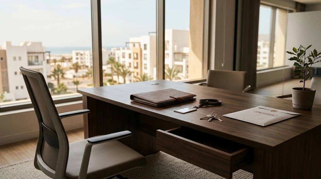 Bureau de travail vide avec chaise inoccupée, badge, clés et documents, évoquant la fin d'une relation de travail à Agadir