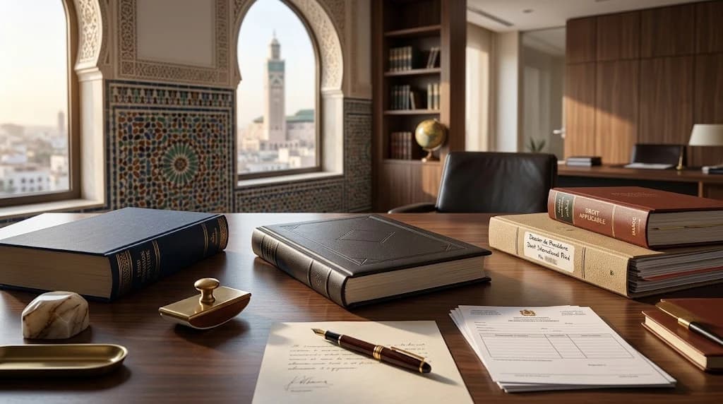 Un bureau en bois sombre où reposent plusieurs ouvrages juridiques reliés, un sceau de bureau en laiton, un stylo plume et des documents, devant des zelliges marocains, une bibliothèque et de hautes fenêtres en arc ouvrant sur un minaret et la ville