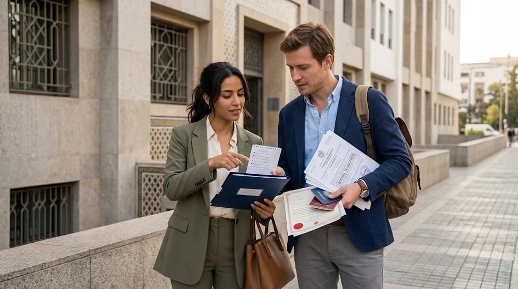 Couple mixte préparant les documents de mariage au Maroc