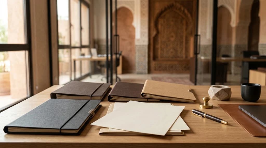 Bureau d'avocat en bois clair avec des chemises et parapheurs fermés, des feuilles vierges, un stylo plume, un tampon en laiton, une tasse et un ordinateur portable, devant une porte marocaine cintrée en zellige et stuc