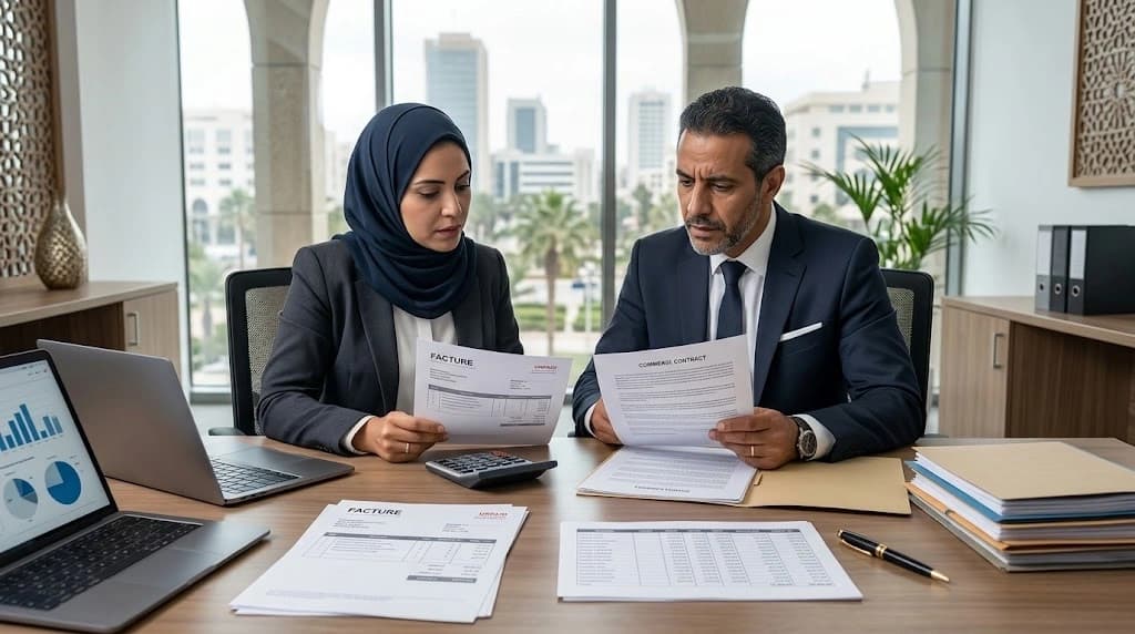 Dirigeant d'entreprise examinant une facture impayée et un dossier de recouvrement au Maroc