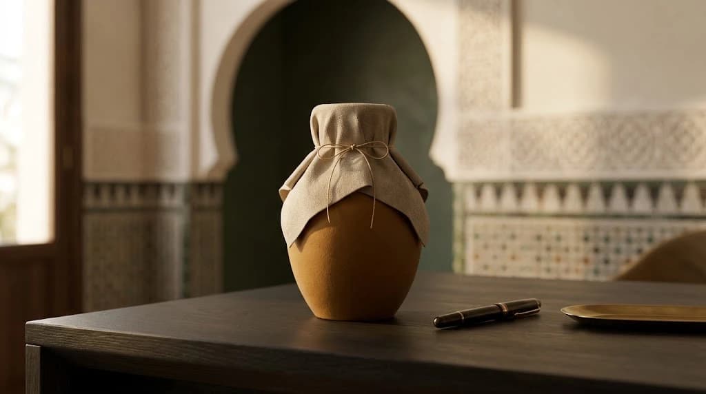 Un récipient en terre cuite couvert d'un linge noué d'une ficelle, à côté d'un stylo plume et d'un plateau en laiton, sur une table en bois, devant une arcade et un zellige marocains