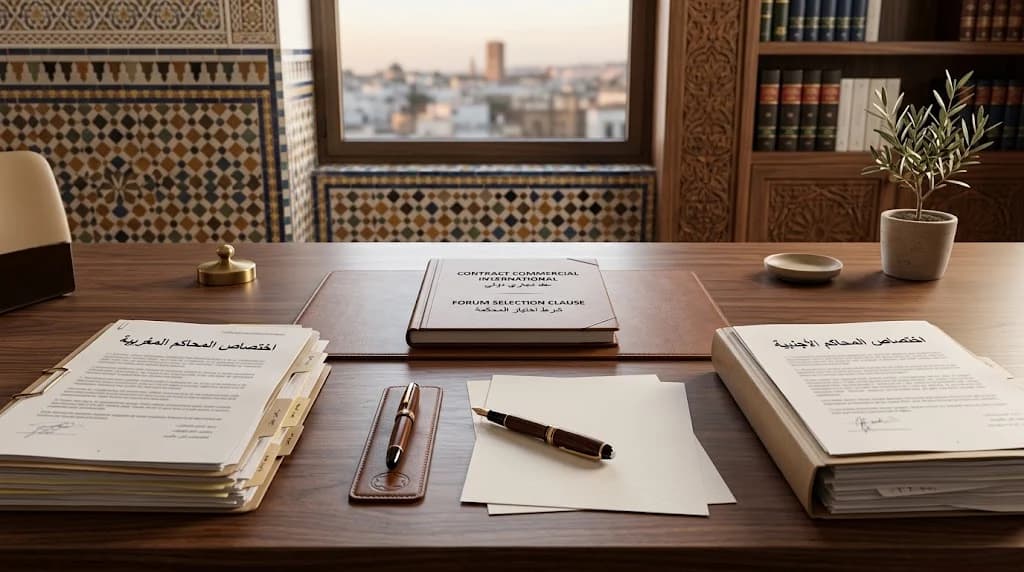 مكتب خشبي عليه ملف مجلَّد في الوسط وملفّان مفتوحان على الجانبين، وقلم حبر ومسند نحاسي ونبتة زيتون، أمام زخارف زليج مغربية ورفّ كتب قانونية ونافذة مقوّسة تطلّ على مدينة مغربية عند الغروب